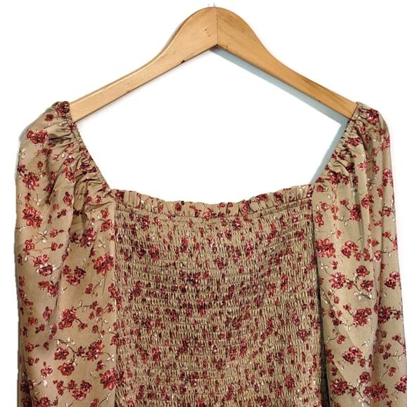 LUSH Floral Peplum Top Smocked Front Square Neckline Long Sleeve Size M - Picture 6 of 11